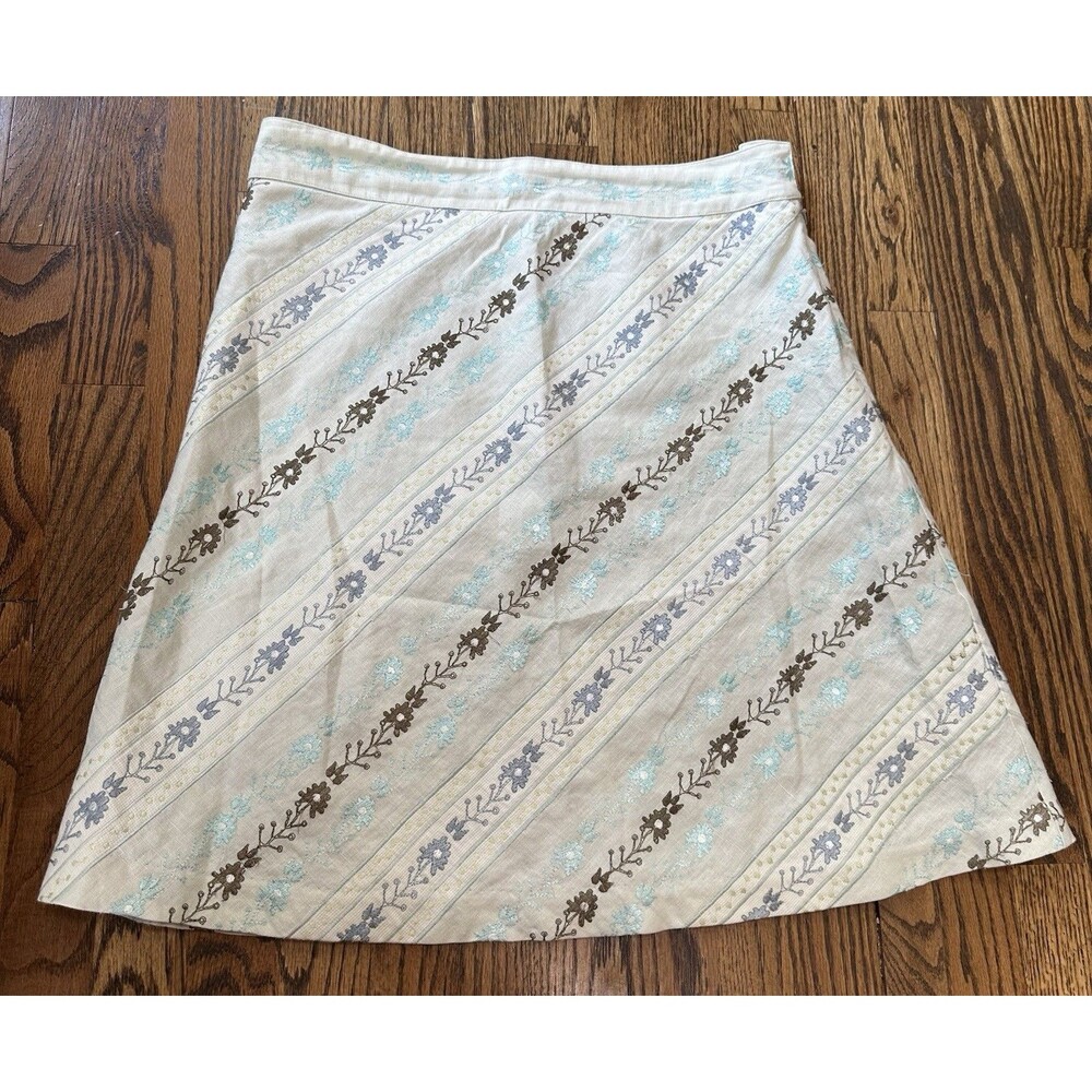 Sigrid Olsen 100% Linen Beige Embroidered Skirt‎ Women’s 12 Lined Boho Fairy EUC